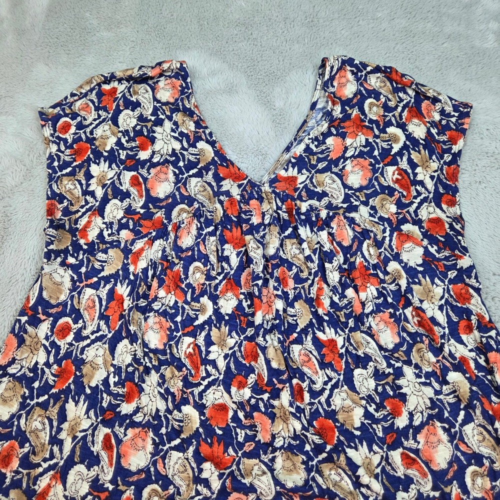 Lucky Brand Floral Babydoll Top Womens Sz M V-Neck Empire Waist Blue Orange Mul